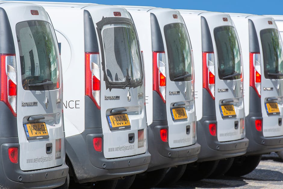Row of clean white commercial fleet vehicles parked at a New Orleans business lot after professional detailing