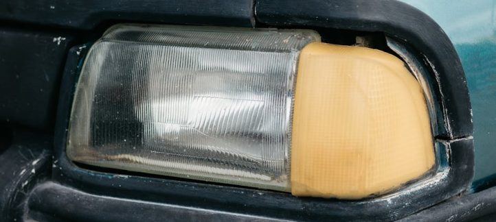 Side-by-side comparison of a cloudy headlight and a clear restored headlight on a vehicle